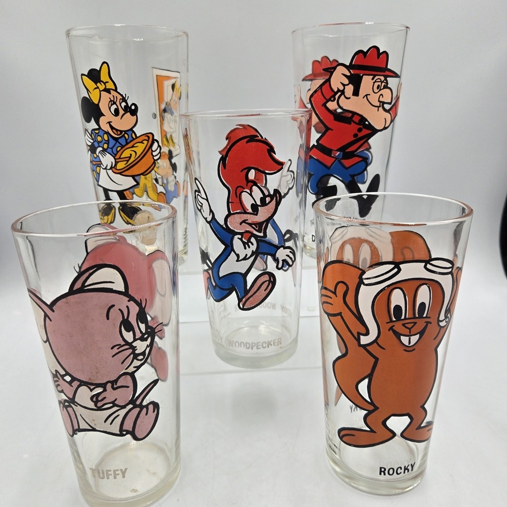 5 Vintage 70s Pepsi Co Glass Tumbler Cups Bullwinkle Minnie Mouse Cartoons Rare